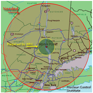 Map showing the relative sizes of the NRC and NCI's Emergency Planning Zones